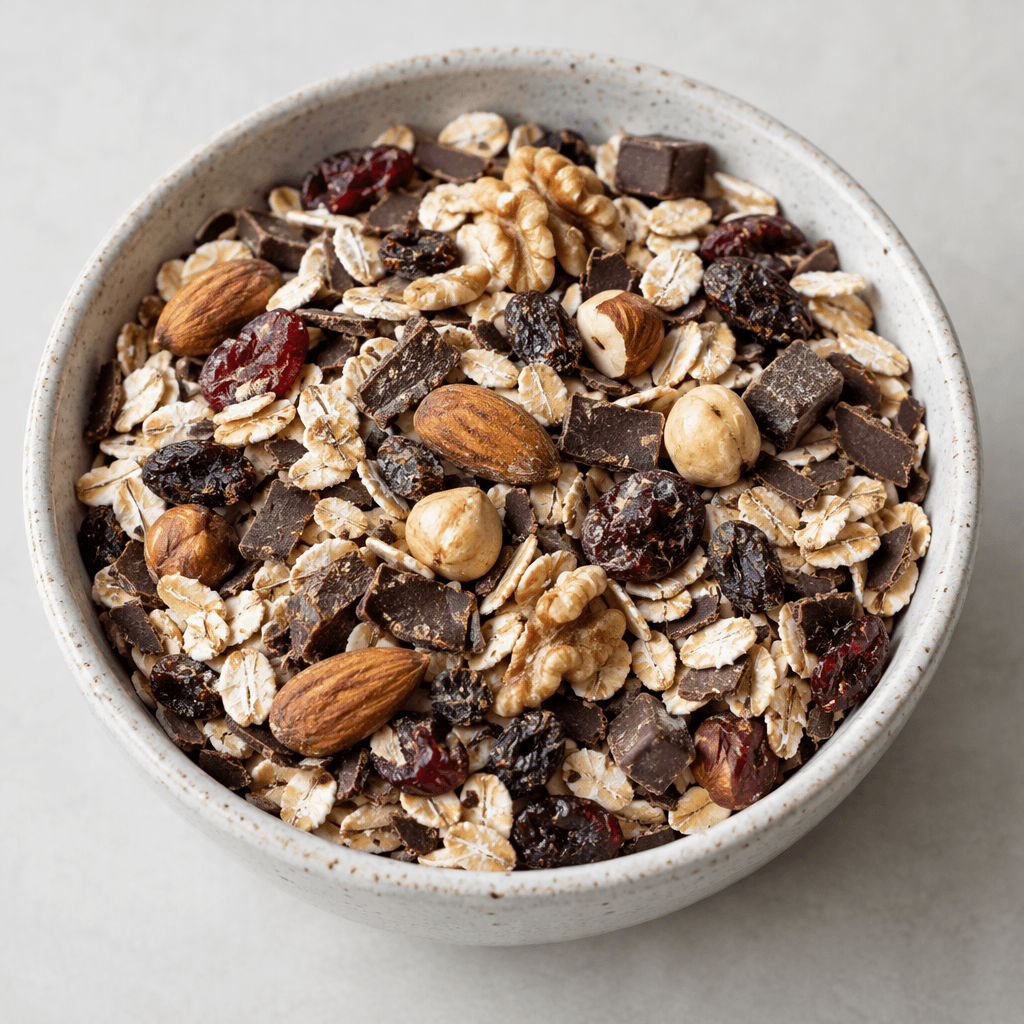 A dry mixture of pale beige rolled oats with dark brown chocolate flakes and small chocolate pieces, scattered with visible nuts and dried fruit in a bowl.