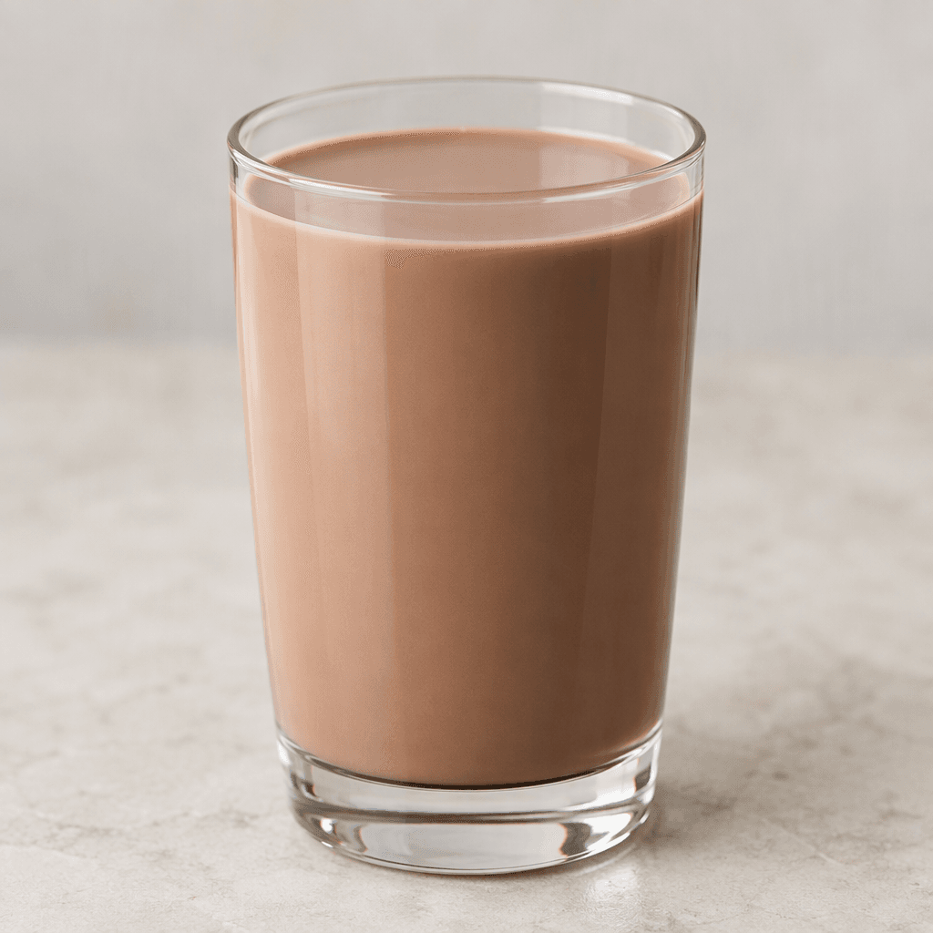 A smooth, opaque light-brown chocolate milk fills a clear glass, with an even surface and no visible pieces or foam.
