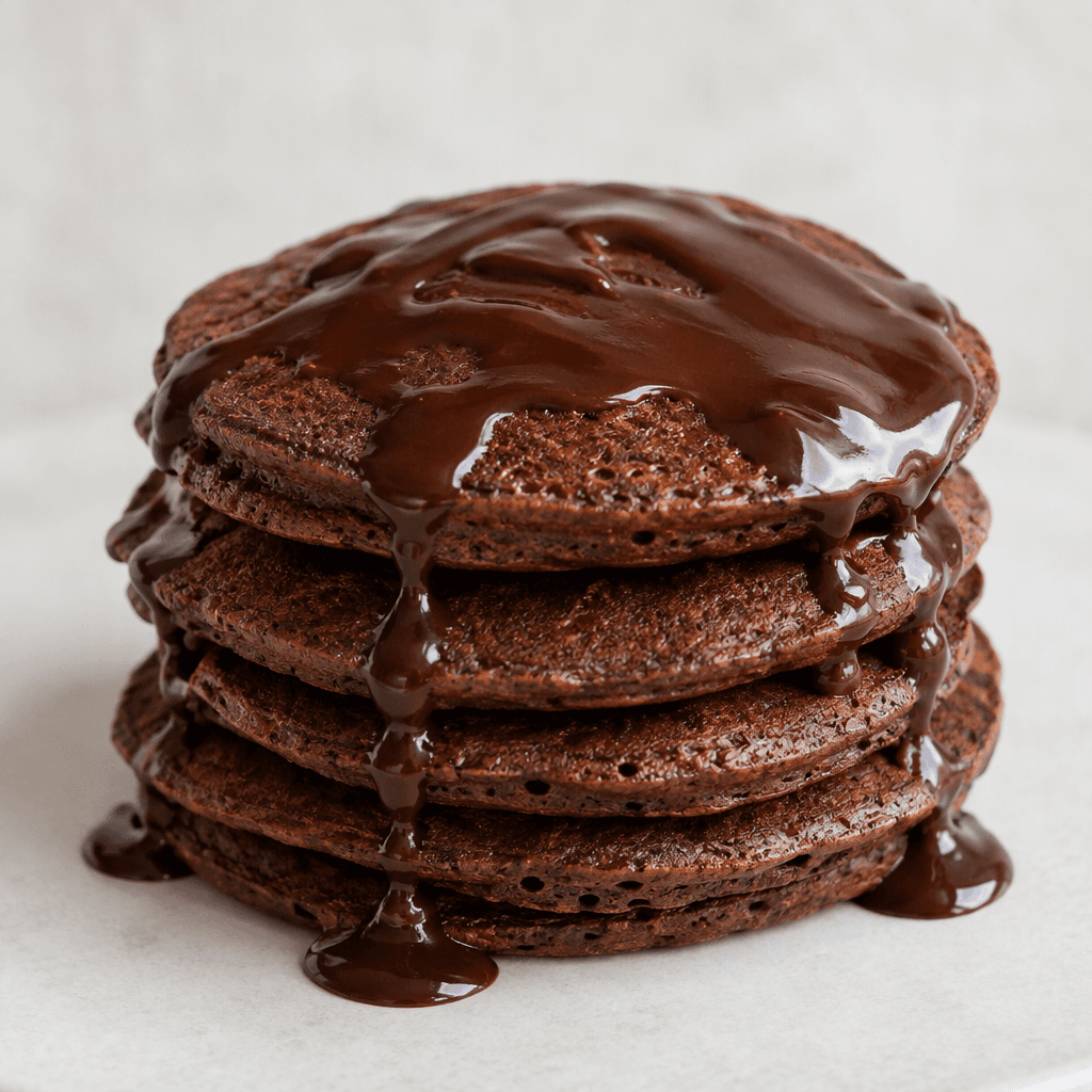 A small stack of thin, round chocolate pancakes with a deep cocoa-brown surface, soft spongy edges, and glossy chocolate sauce drizzled over the top.