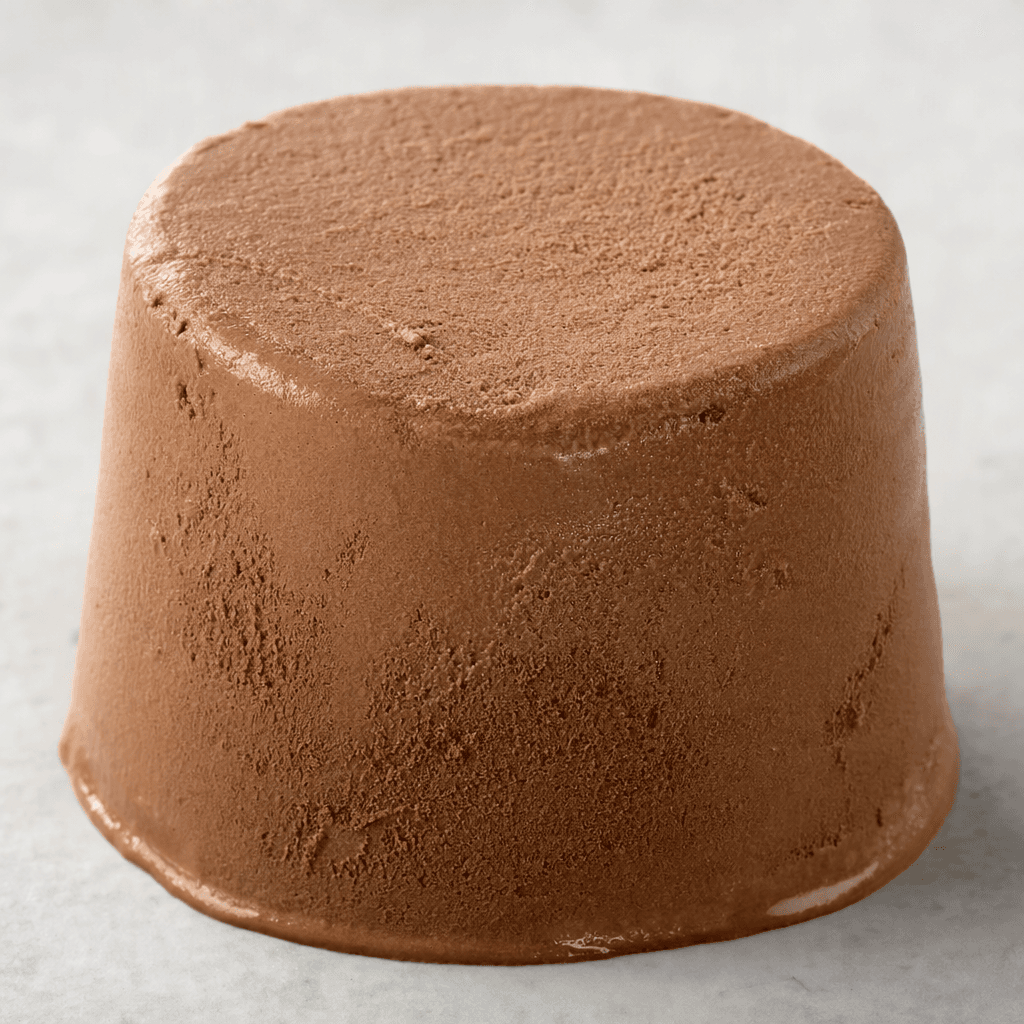 A small, molded portion of chocolate ice cream with a smooth, even, medium-brown surface and softly rounded edges.