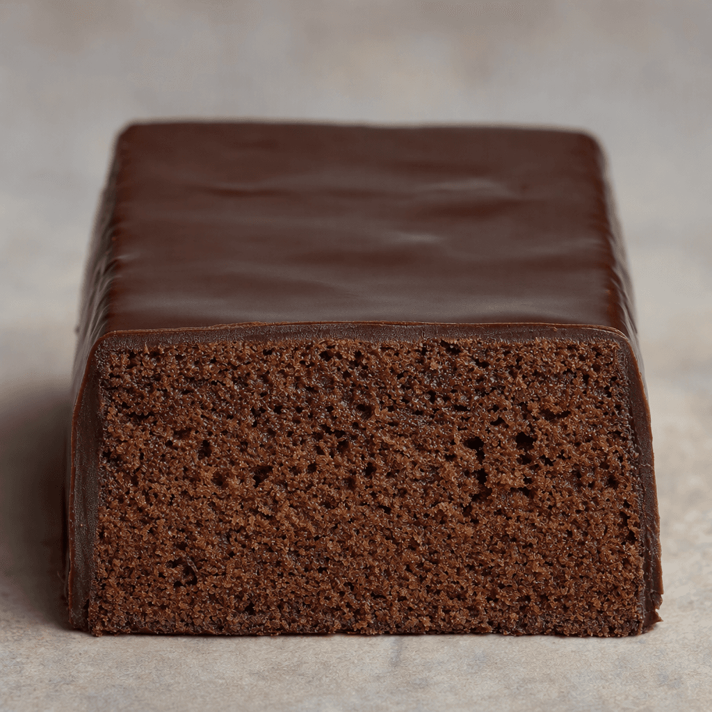 A small rectangular chocolate cake with a dark, smooth coating and a cut edge showing soft, porous brown sponge.