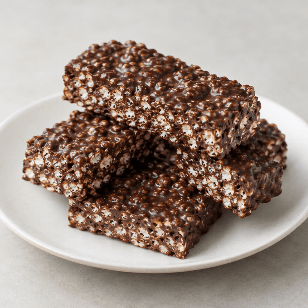 Rectangular chocolate rice crispy bars with a glossy dark-brown coating, a bumpy surface, and visible pale puffed-rice pieces inside, arranged on a plate.
