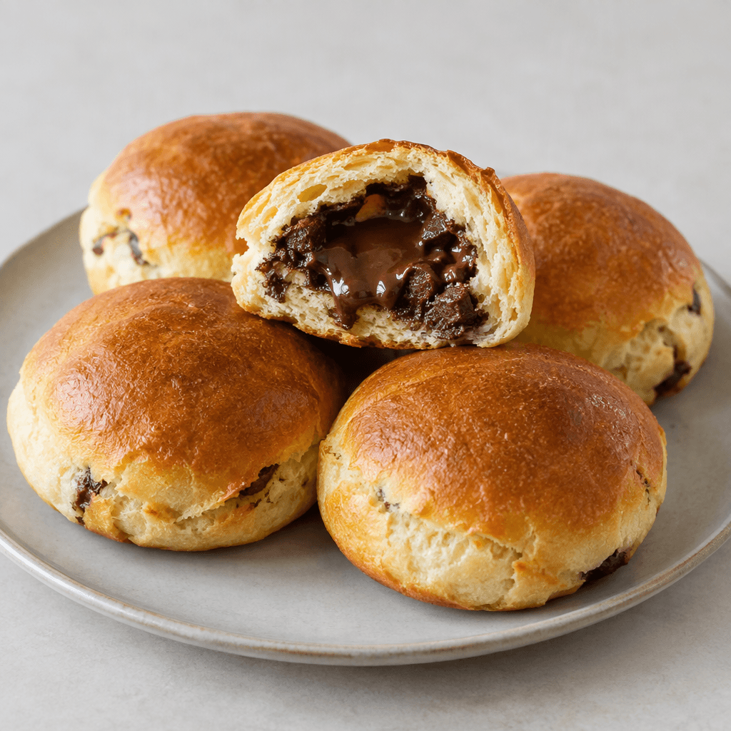 Individual round, softly puffed chocolate-filled buns with smooth golden-brown tops, slightly cracked edges, and dark chocolate visible in the cut-open center, served together on a plate.