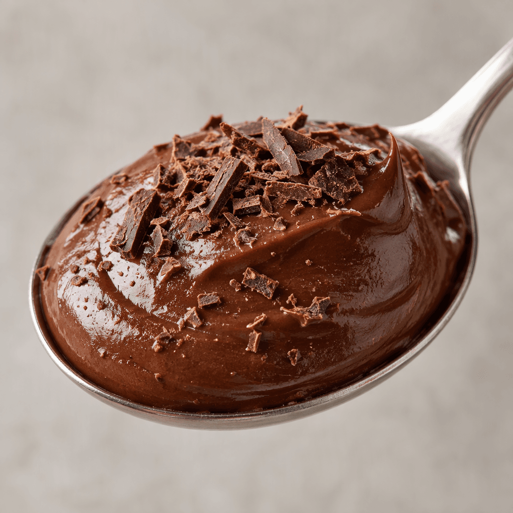 Thick, glossy dark-brown chocolate cream is served in small spoon-sized portions, with a smooth surface and a light scattering of chocolate shavings.