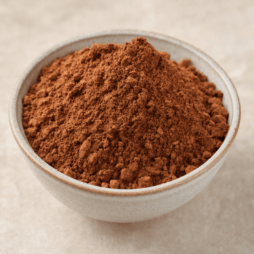 A mound of fine cocoa-brown powder with a soft, slightly clumpy texture, resting in a small bowl.