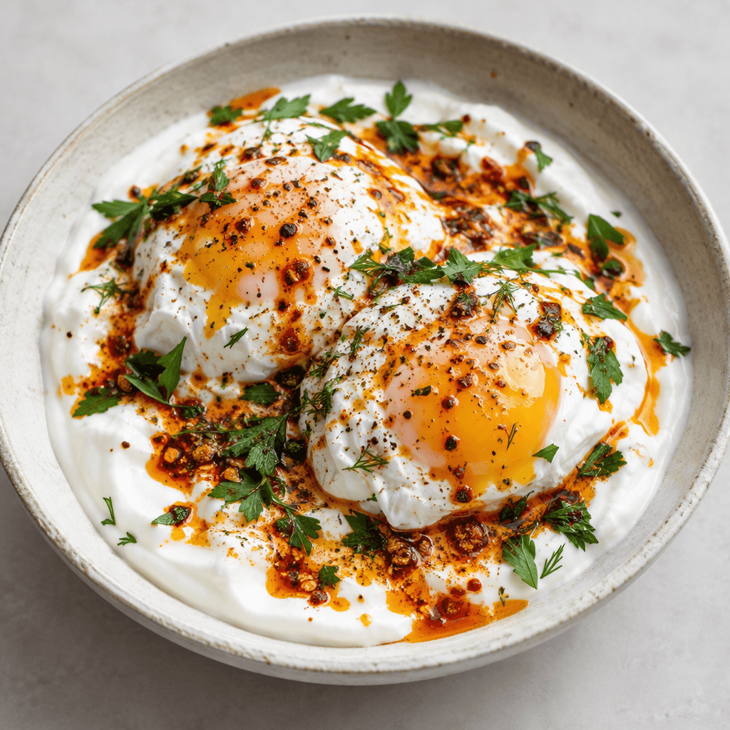 Two poached eggs with smooth white whites and soft golden yolks sit on a bed of thick white yogurt in a shallow dish, drizzled with red-orange pepper butter and scattered with green herbs.