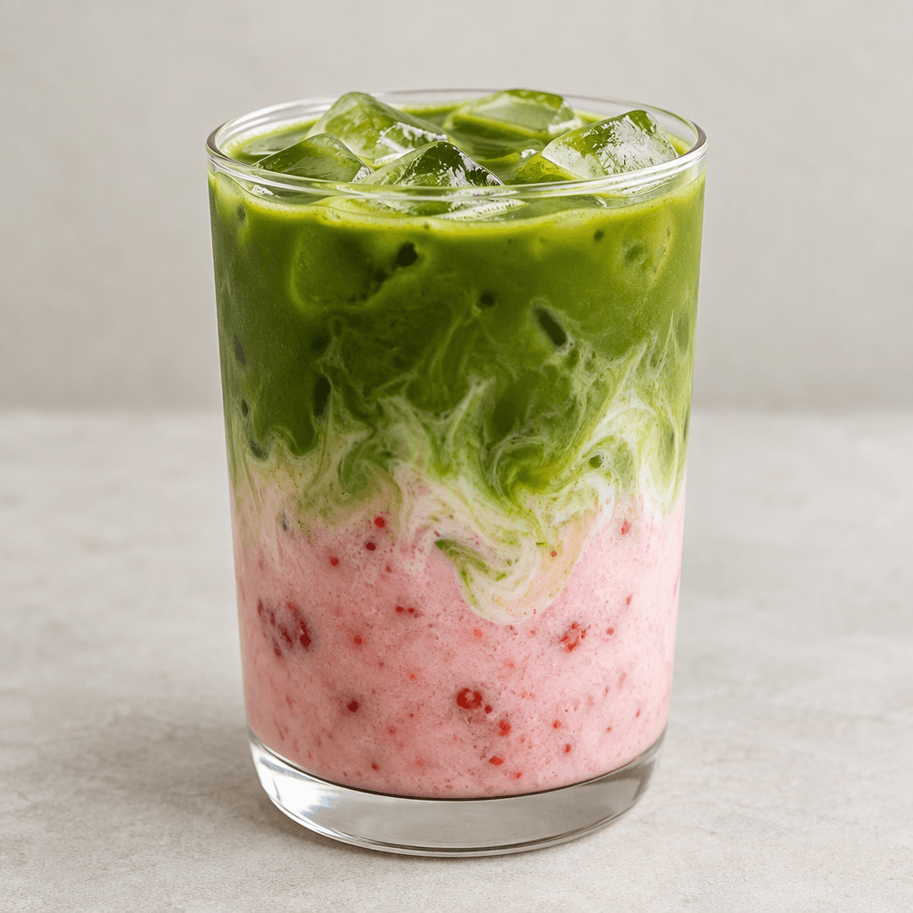 An iced drink in a clear glass, with a pink strawberry layer beneath a vivid green matcha layer and pale swirls where the colors meet.