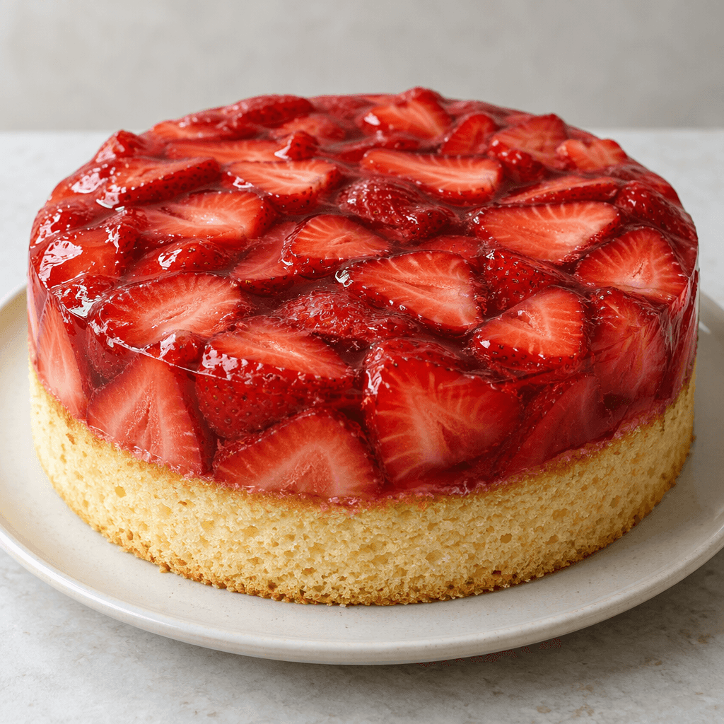 A round cake with a pale sponge base, topped with a glossy, translucent red strawberry jelly layer and sliced strawberries, sits on a plate.