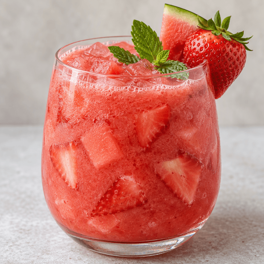 A chilled, rosy pink-red strawberry and watermelon drink sits in a clear glass, with a smooth, slightly pulpy surface and small pieces of fruit visible inside.