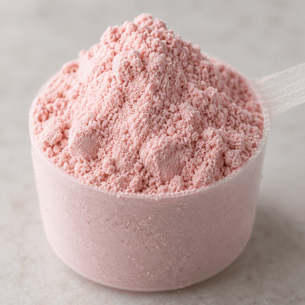 Küçük bir ölçeğin içinde duran, ince ve hafif tanecikli dokulu, soluk pembe protein tozu yığını.