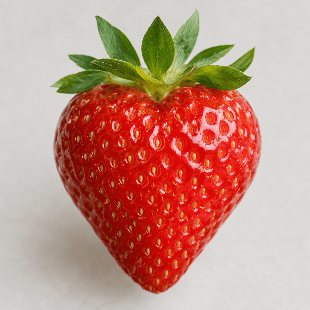 Bright red, heart-shaped strawberries with glossy, slightly dimpled surfaces, tiny pale seeds, and fresh green leafy caps.