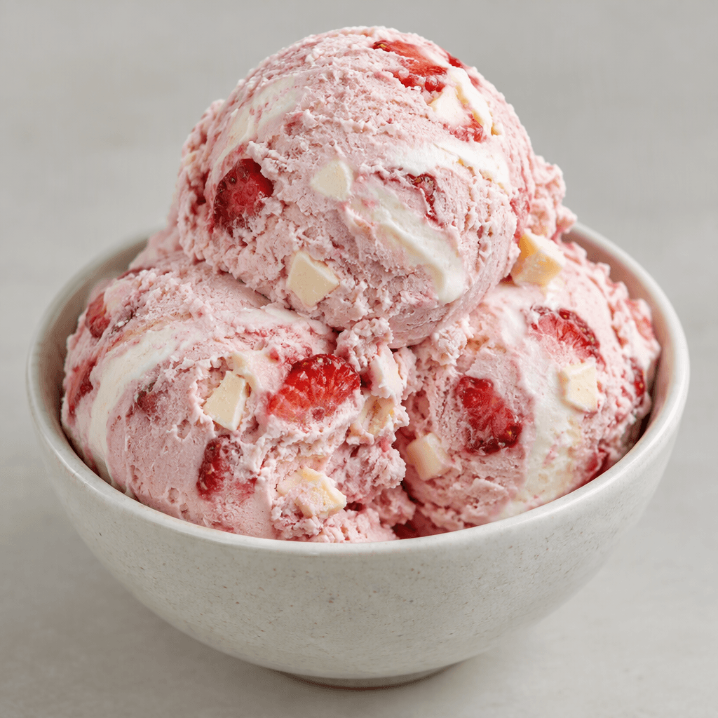 Pale pink ice cream sits in rounded scoops, streaked with creamy white swirls and dotted with red strawberry pieces and small white chocolate chunks.
