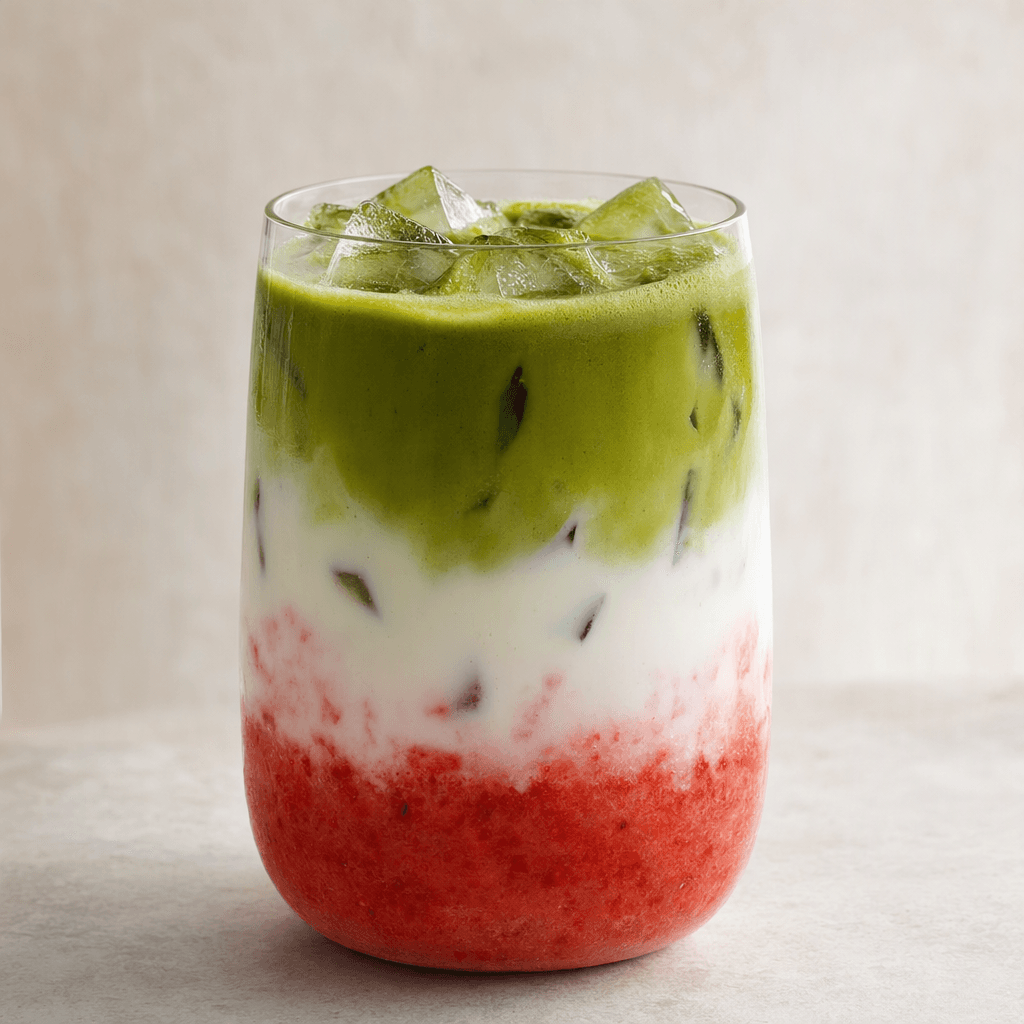 A clear glass holds a layered iced drink with pink strawberry puree at the bottom, pale milk in the middle, and green matcha above, with angular ice cubes visible throughout.