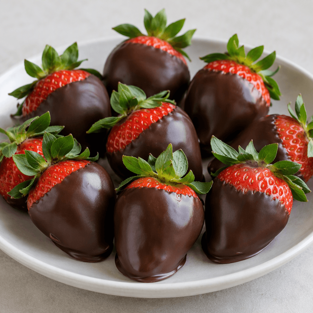 Fresh red strawberries with green leafy tops, partially or fully coated in glossy dark chocolate and arranged on a plate, with smooth chocolate surfaces and a few visible strawberry sections.