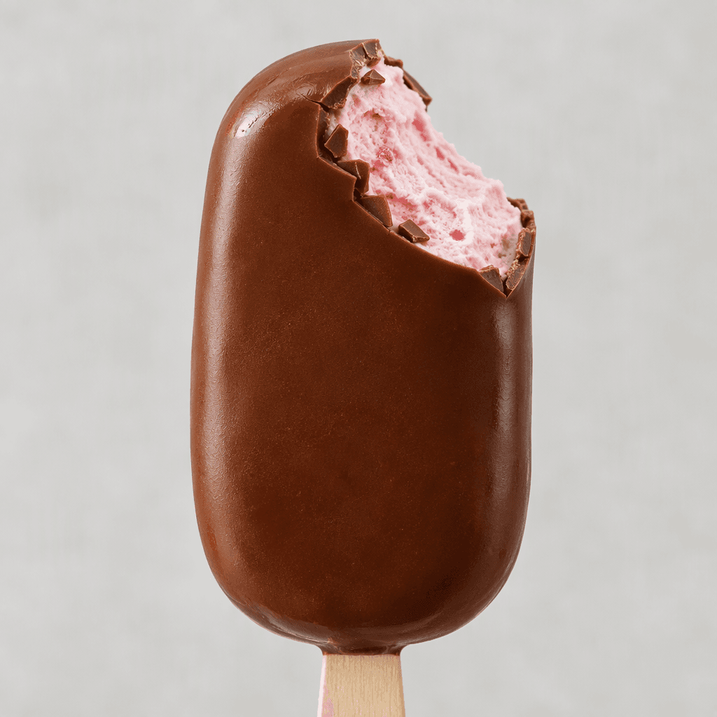 A bar of pale pink strawberry ice cream is covered in a smooth, glossy brown chocolate shell, with a small broken edge revealing the creamy pink centre.