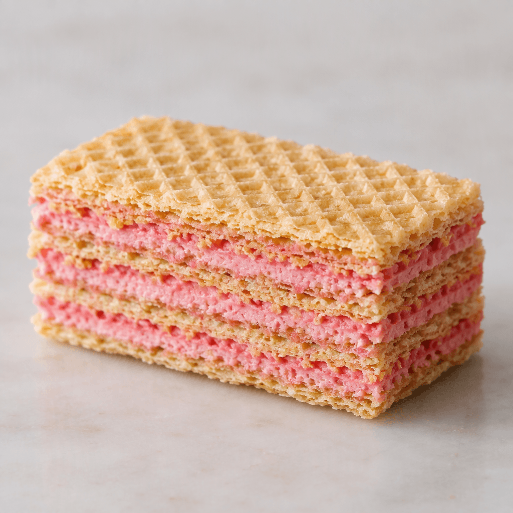A rectangular wafer bar with multiple thin, crisp, pale-golden wafer layers separated by vivid pink strawberry cream, showing a neat layered cross-section and slightly crumbly edges.