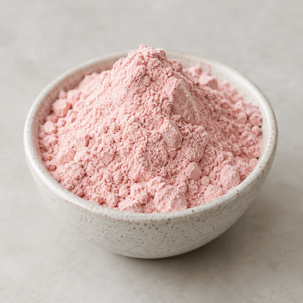 Küçük bir kâsede, açık pembe renkli, ince öğütülmüş ve hafif topaklı kuru protein tozu.