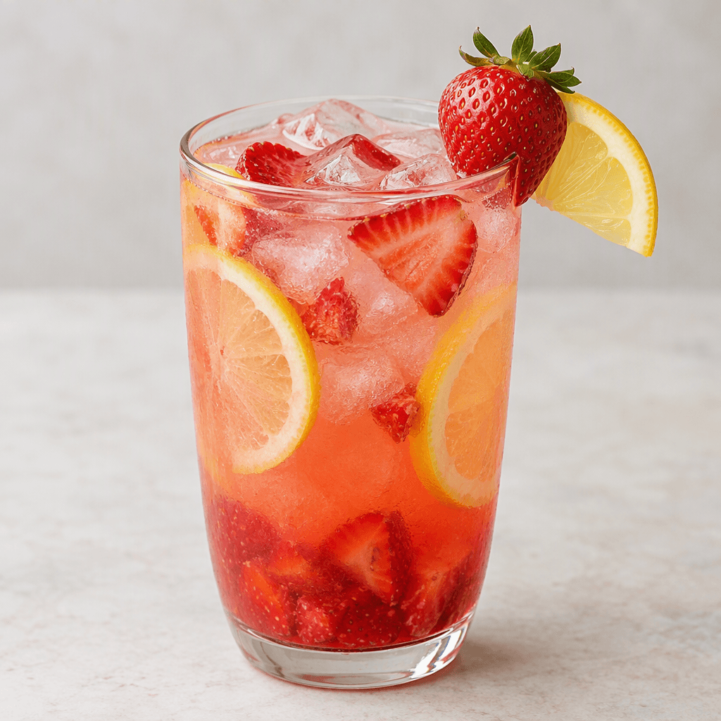 A translucent pale pink to ruby-red lemonade fills a clear glass, with visible ice cubes, thin lemon slices, and fresh strawberry pieces floating near the surface and settled at the bottom, garnished with a whole strawberry and a lemon wedge on the rim.