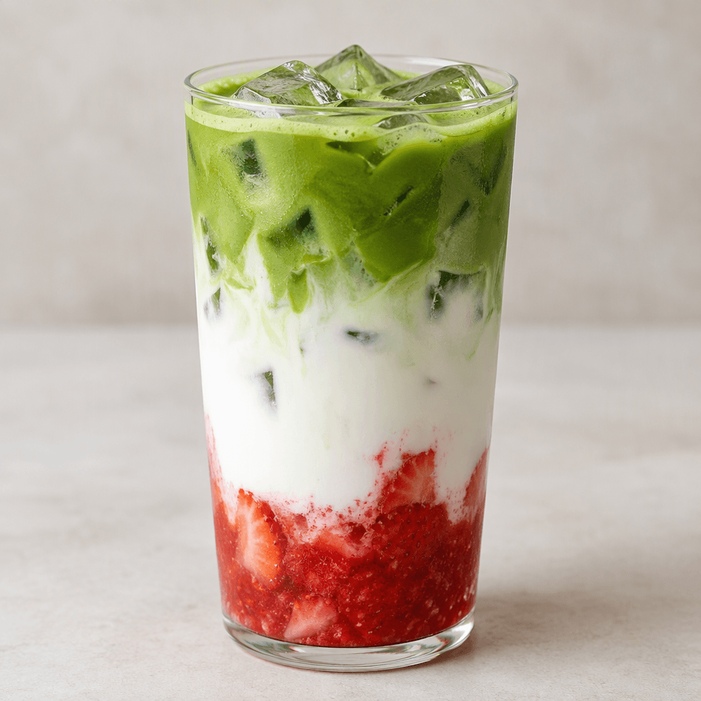 A tall clear glass holds a layered iced drink with bright red strawberry puree settled at the bottom, opaque white milk in the middle, and vivid green matcha floating above, with translucent ice cubes visible throughout and a few strawberry pieces near the base.