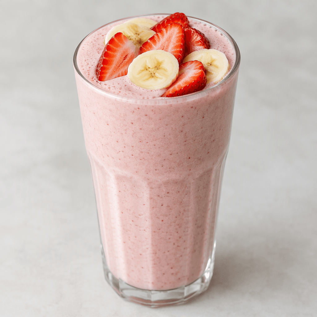 A pale pink, creamy milkshake with a smooth, slightly frothy surface, served in a tall clear glass and topped with sliced strawberries and banana.