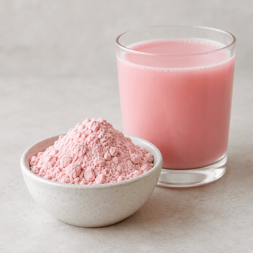 Küçük bir kâsede yumuşak, kuru ve hafif topaklı açık pembe toz; yanında opak pembe bir içecek dolu bardak görülüyor.
