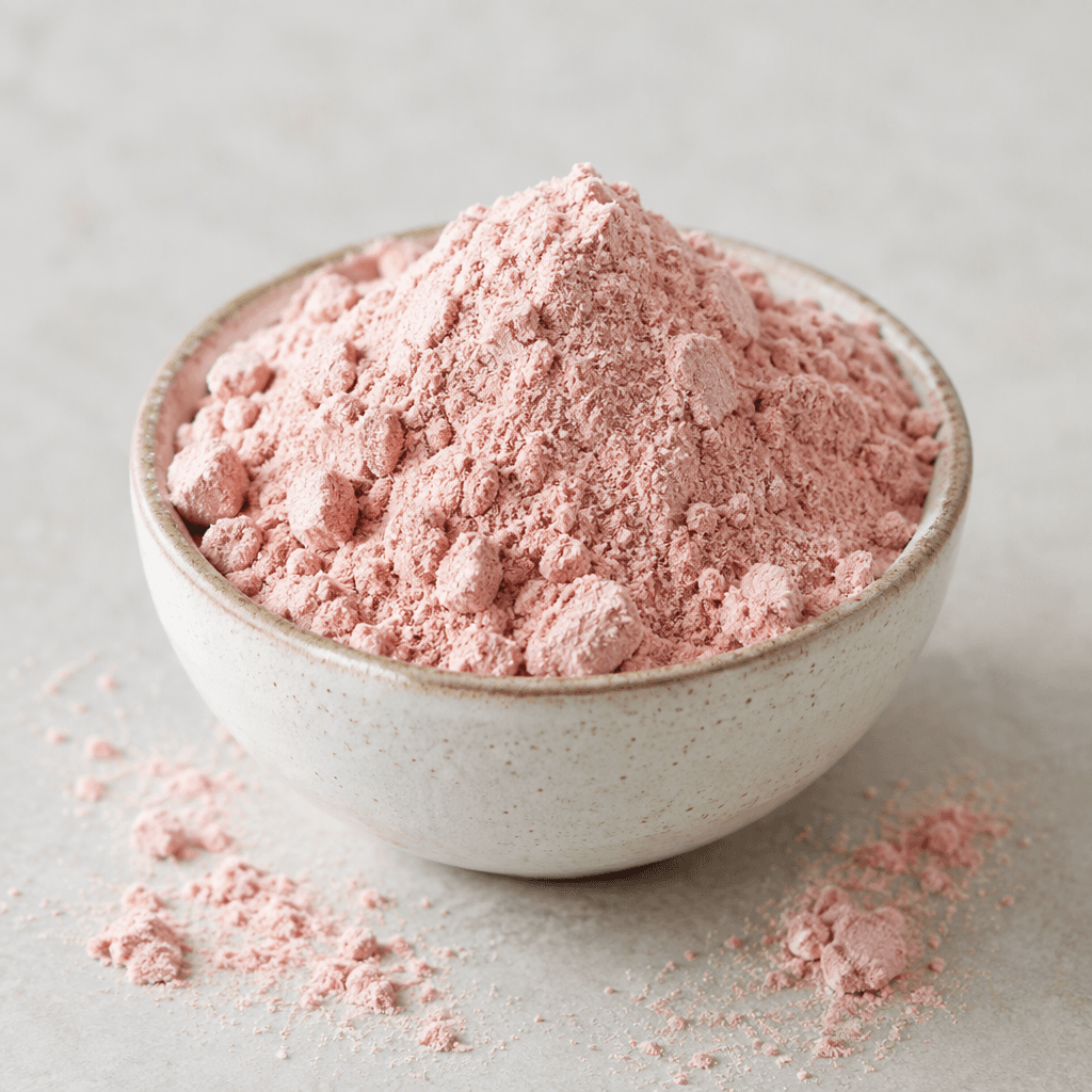 A mound of fine, pale pink strawberry protein powder with a soft, slightly clumpy texture sits in a small bowl, with a little powder scattered around it.
