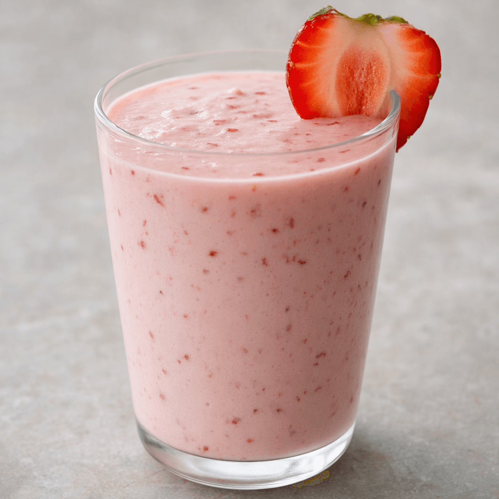 A thick, creamy pale-pink smoothie fills a clear glass, with small red strawberry pieces visible throughout and a fresh strawberry slice resting on the rim.