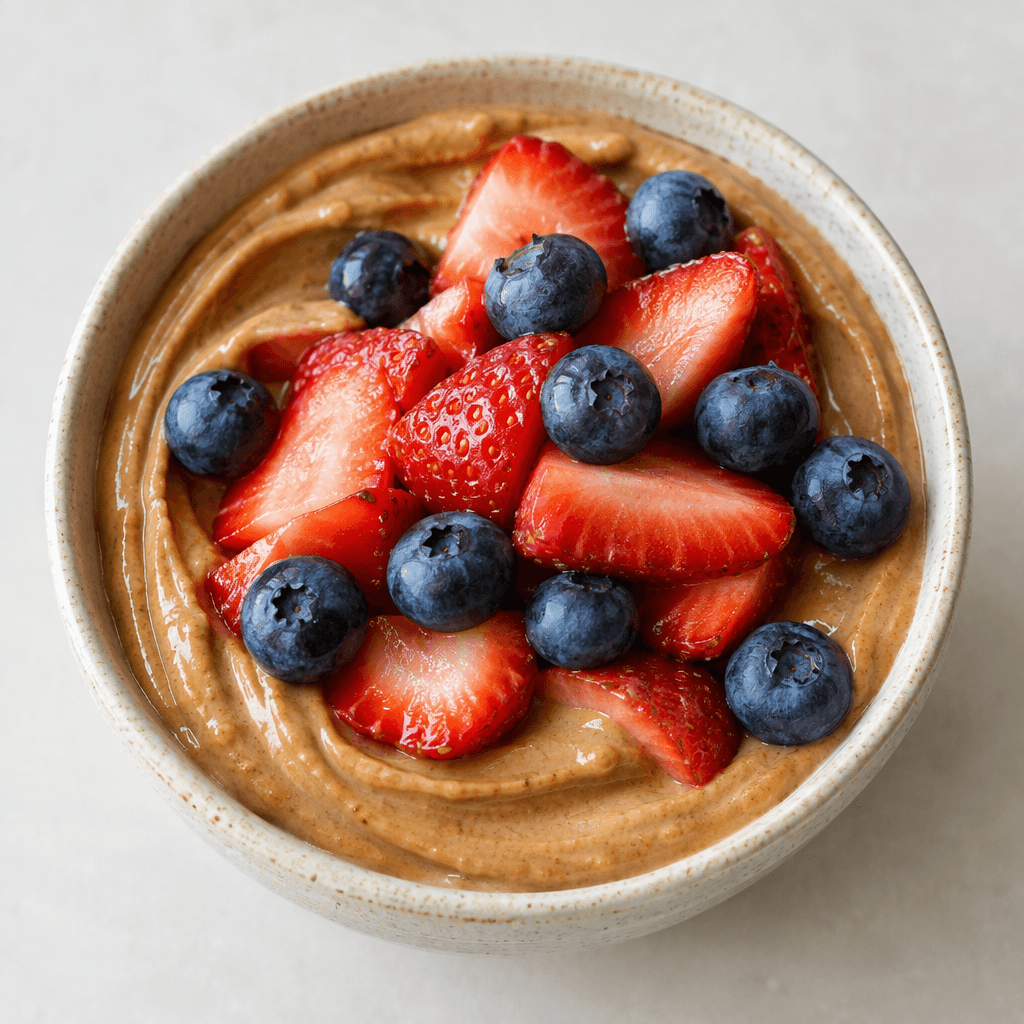 Thick, smooth light-brown hazelnut butter is swirled in a small bowl and topped with sliced red strawberries and whole deep-blue blueberries.