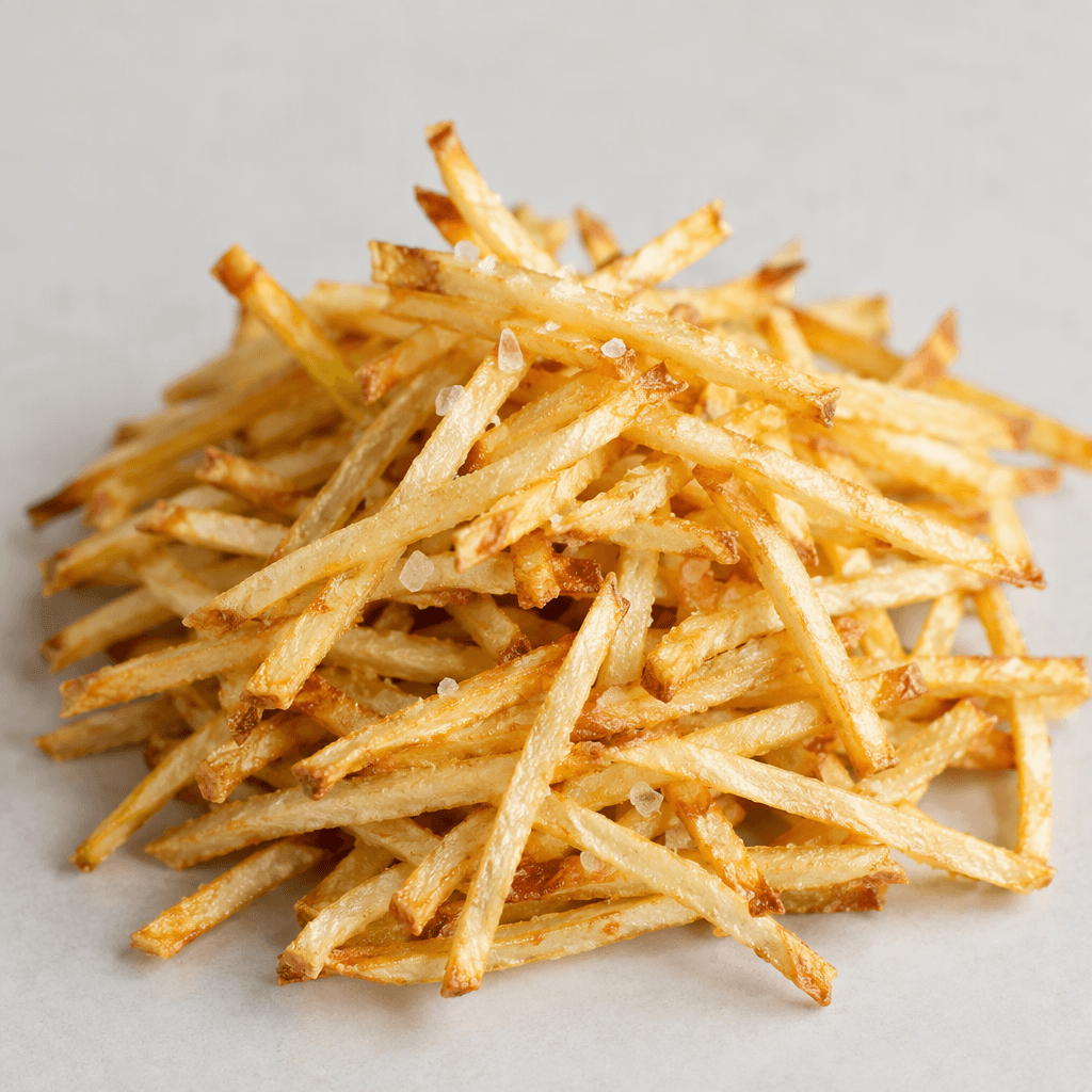 A small pile of very thin, straight potato sticks, pale golden with lightly browned edges and a few visible grains of sea salt.