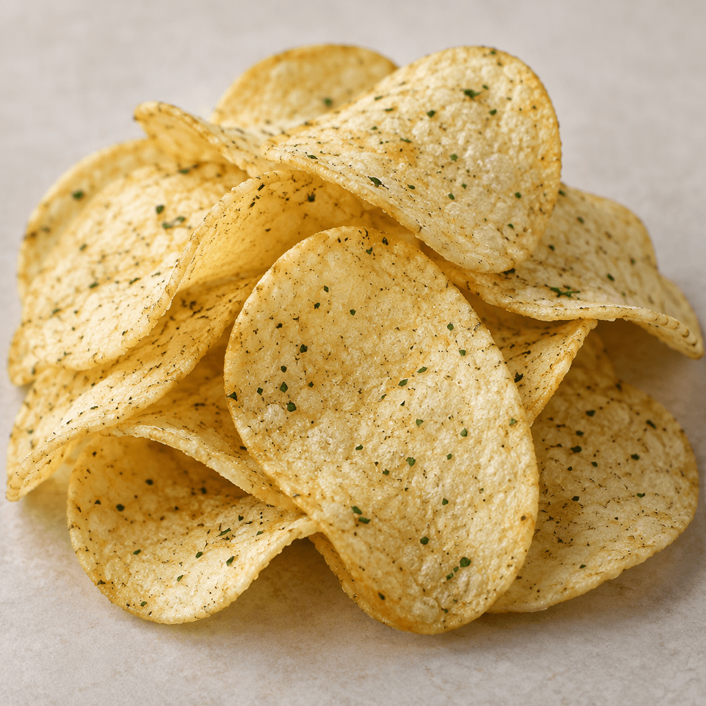 A small pile of thin, pale golden oval crisps, gently curved with smooth edges and lightly dusted with fine green herb flecks.