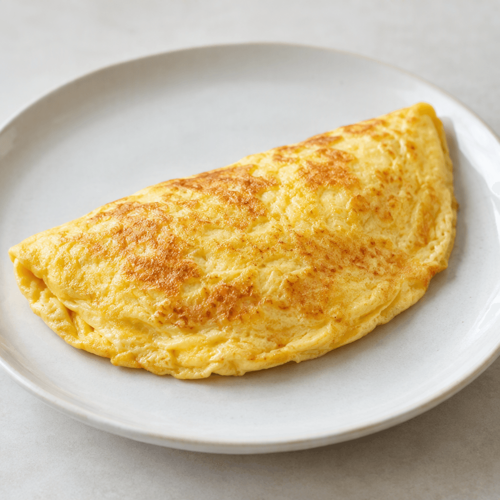 A plain, softly folded omelette with a smooth, pale-golden surface and a few lightly browned patches rests on a plate.