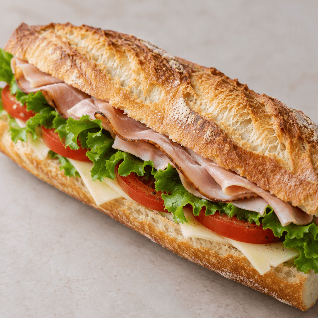 A golden-brown, crusty baguette is split lengthwise and filled with leafy lettuce, red tomato slices, pale cheese, and folded slices of deli meat, with the fillings visible along the cut edge.