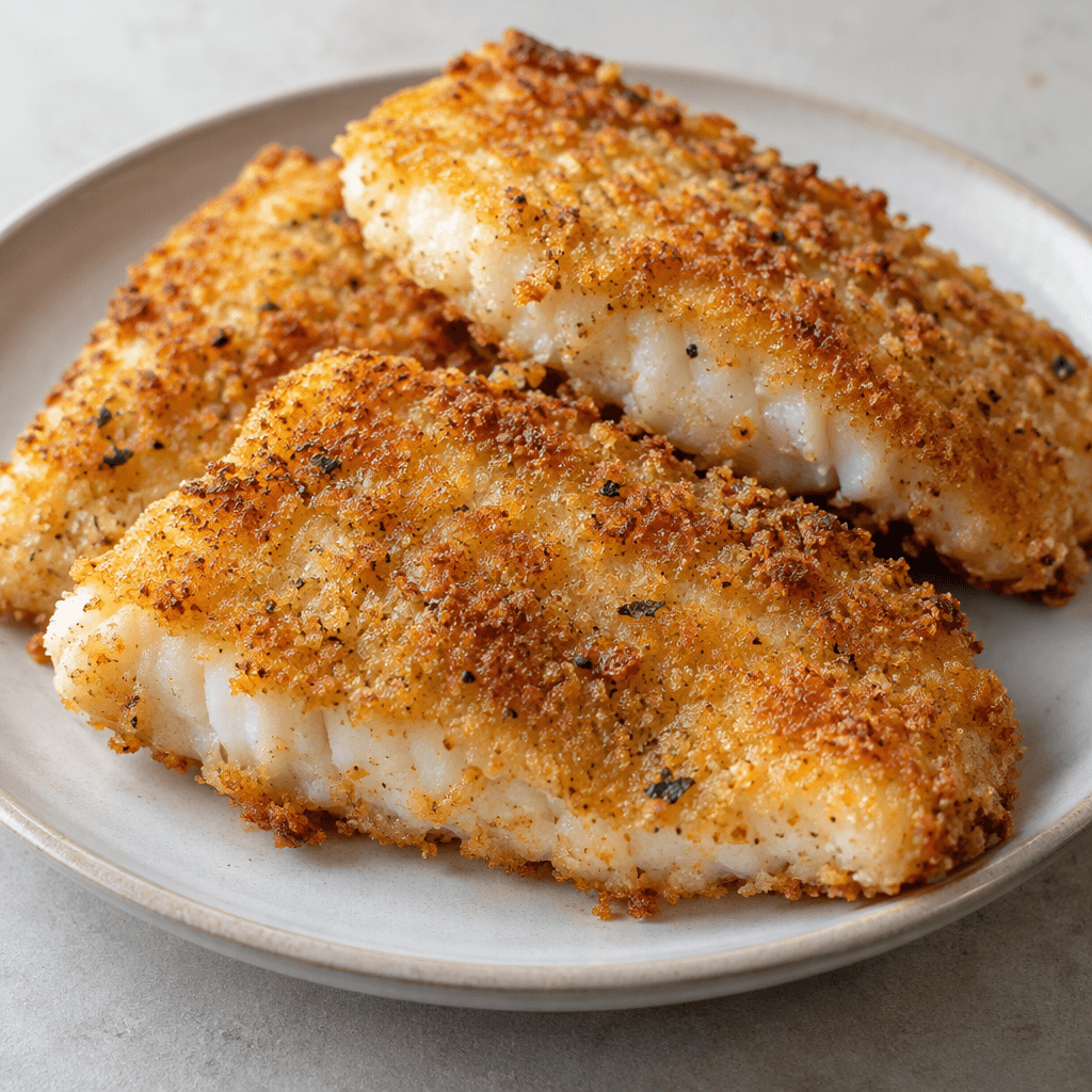 Golden-brown, crumb-coated hake pieces with an uneven crisp-looking surface and pale fish visible along the edges, arranged on a plate.