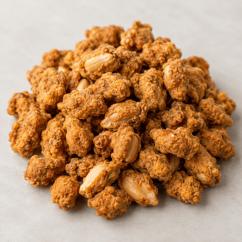 Small whole peanuts are covered in an uneven, craggy golden-brown coating, forming irregular crunchy-looking nuggets with a few pale peanut edges visible, and are served in a loose pile.