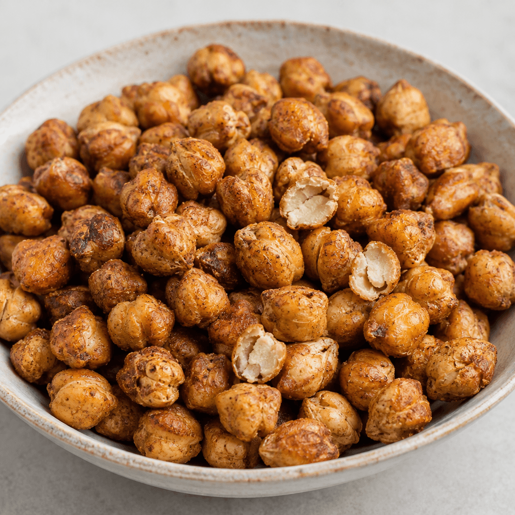 Golden-brown chickpeas with a dry, craggy, blistered surface are scattered in a shallow dish, with a few split chickpeas revealing their pale interiors.