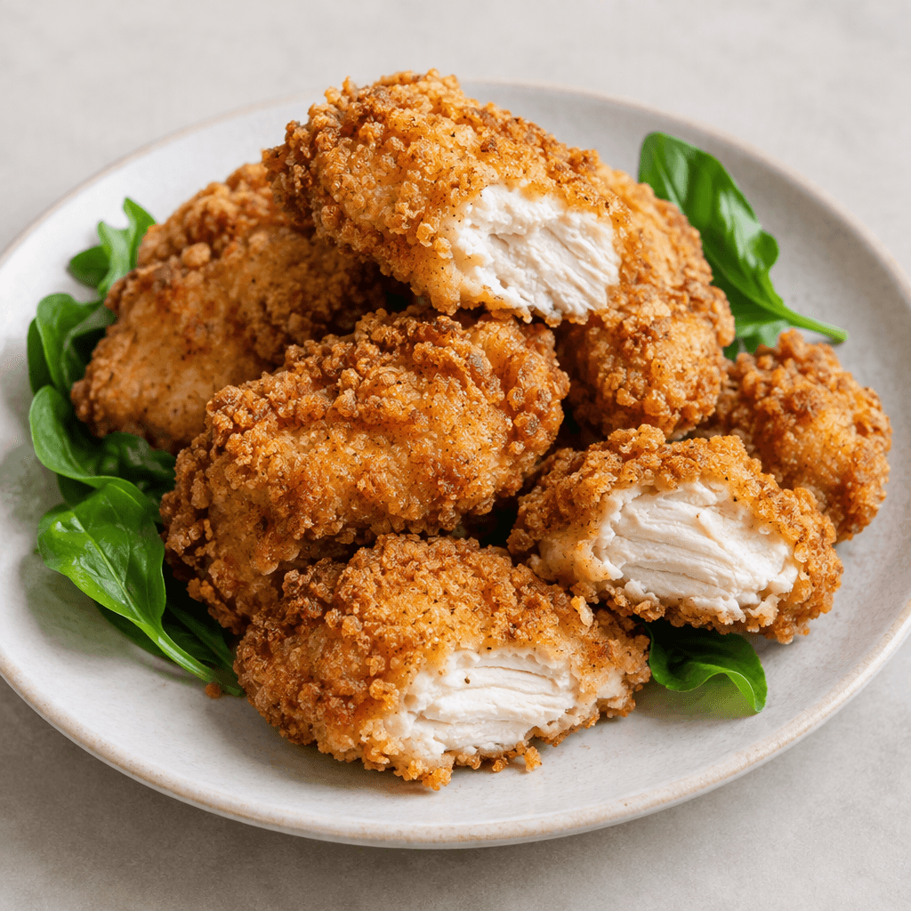 Several golden-brown pieces of boneless chicken are arranged on a plate, each coated in a craggy, crisp breaded crust with pale irregular interior pieces visible at broken edges, alongside a few fresh green leaves.