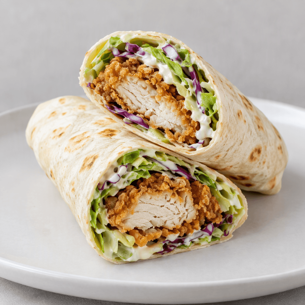 A handheld wrap with a golden-brown, craggy crispy chicken fillet visible at the open end, tucked into a soft pale flatbread with shredded green lettuce, thin red cabbage, and creamy white sauce, cut diagonally and served on a plain plate.