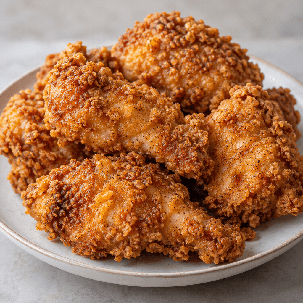 Golden-brown, irregularly shaped chicken pieces are coated in a rough, crisp-looking crumb crust and arranged on a plate.