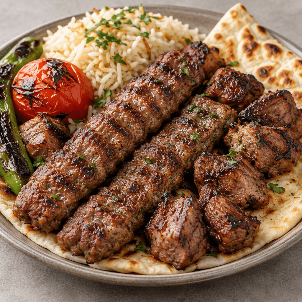 Tabakta kızarmış, kıymalı şiş kebap parçalarıyla iri et lokmaları; yanında közlenmiş domates ve yeşil biber, pilav ve lavaşla birlikte sunuluyor.