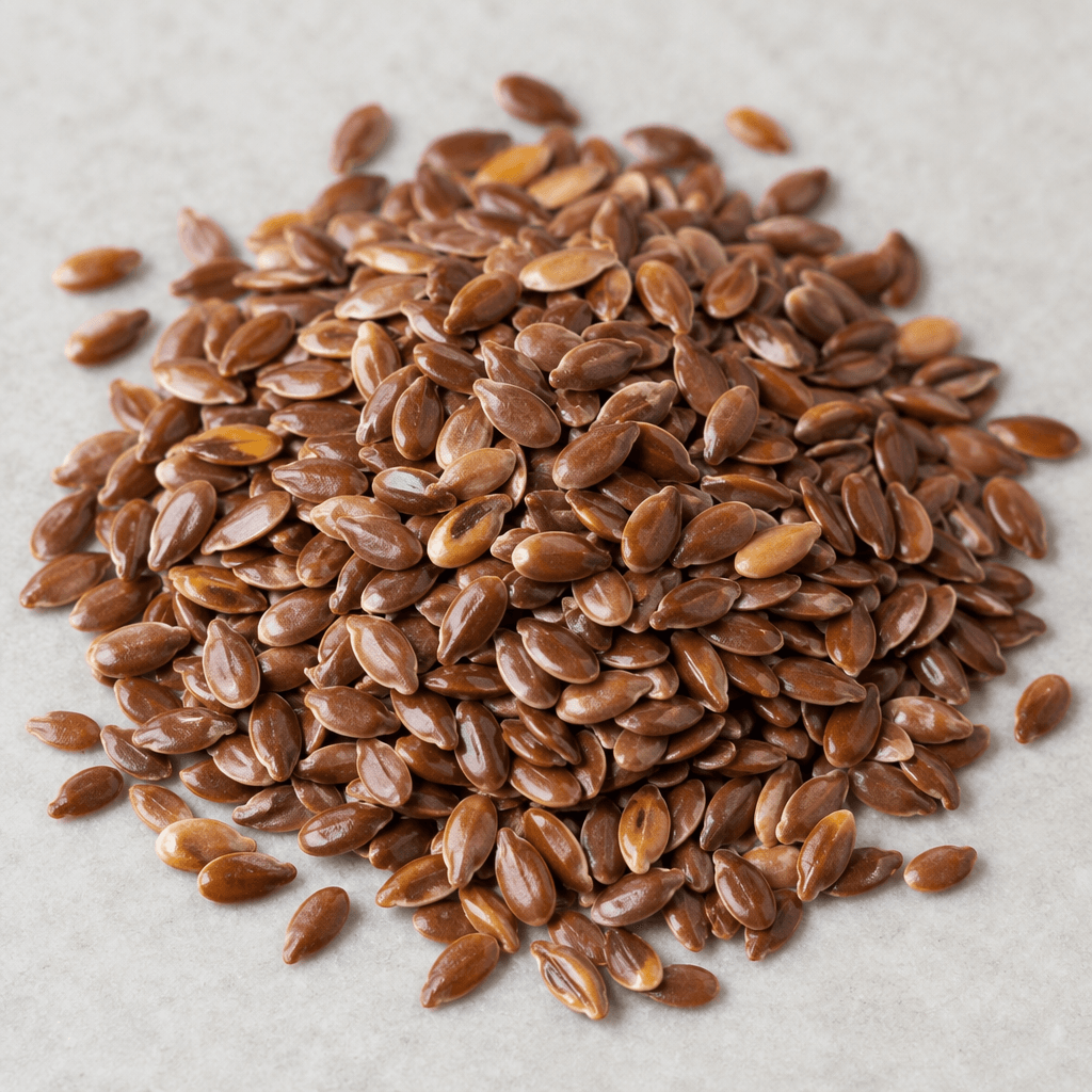Small, flat, oval flax seeds with smooth, slightly glossy surfaces in mottled brown and golden-tan tones, loosely scattered together.