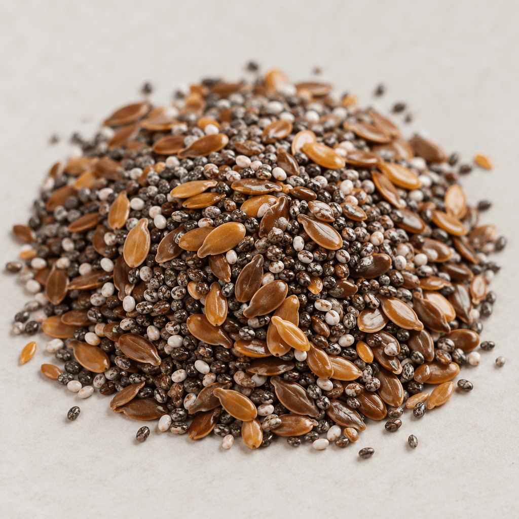 A loose mix of tiny black, white, and gray chia seeds with larger, flat oval flaxseeds in shades of golden brown and deep brown, gathered in a small mound.