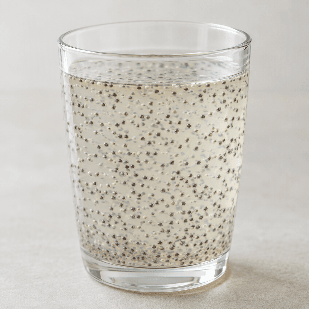 A clear, pale drink in a glass, dotted throughout with tiny black-and-gray chia seeds, each surrounded by a translucent, jelly-like coating.