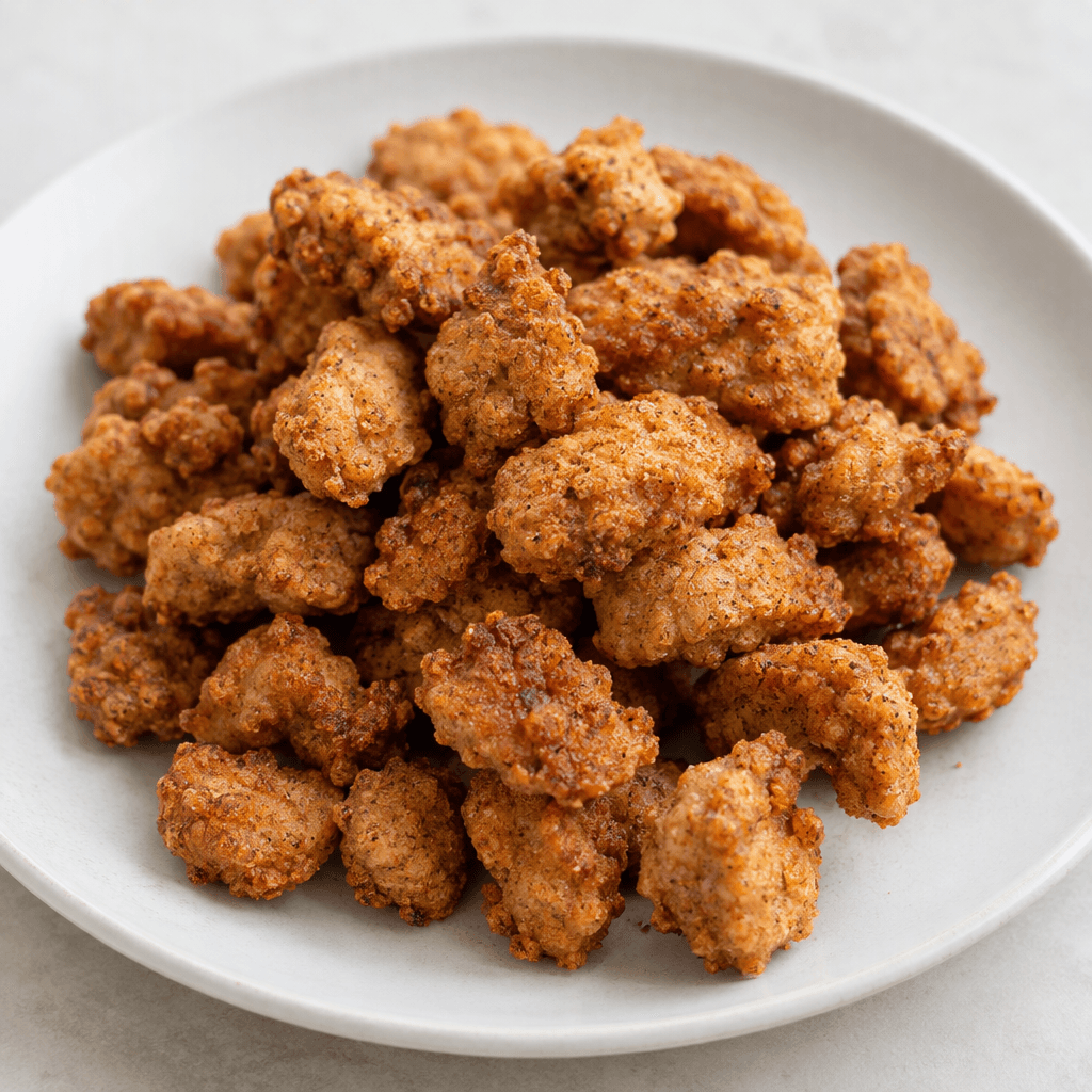 Small, irregular golden-brown crunchy pieces are scattered on a plain plate, with a light reddish-brown seasoning coating and a dry, slightly craggy surface.