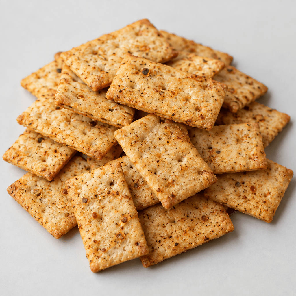 Thin, small rectangular crackers with lightly browned edges, a golden-beige surface, and scattered reddish-brown seasoning specks are arranged in a loose pile.