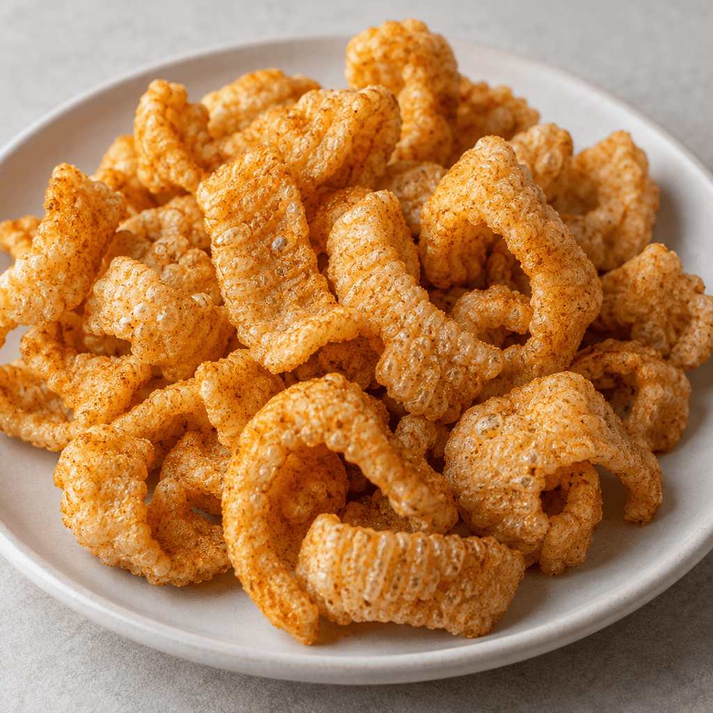 Small, irregularly curved crunchy pieces with a porous, ridged surface and a light golden-orange seasoning are scattered on a plain plate.