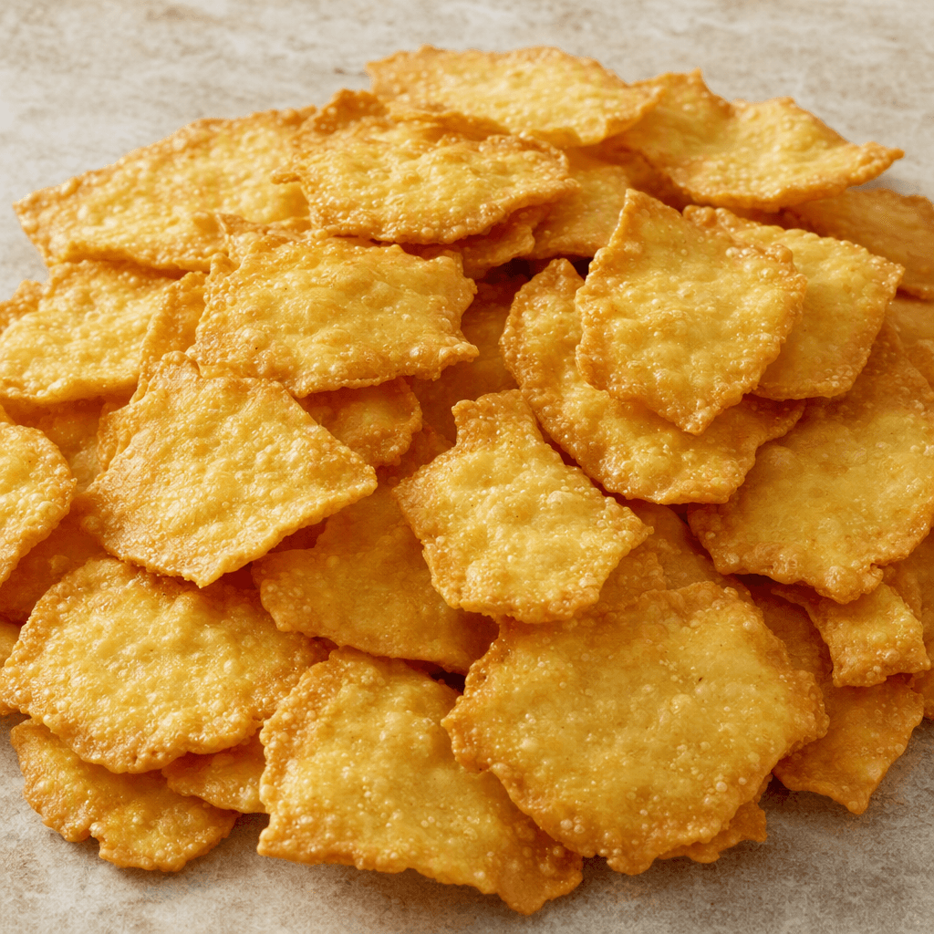 Small, thin golden crackers with uneven edges and a lightly bubbled, crisp-looking surface are scattered in a loose pile.