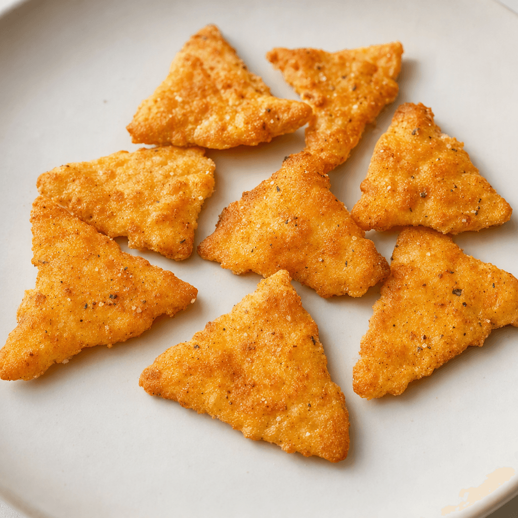 A few small, crisp, roughly triangular crackers with uneven edges, a golden-orange surface and fine seasoning specks are scattered on a plain plate.