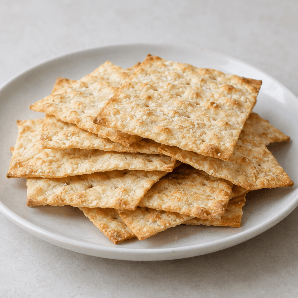 A small pile of thin, flat, pale golden crackers with lightly browned edges and a dry, slightly bubbled surface rests on a plate.