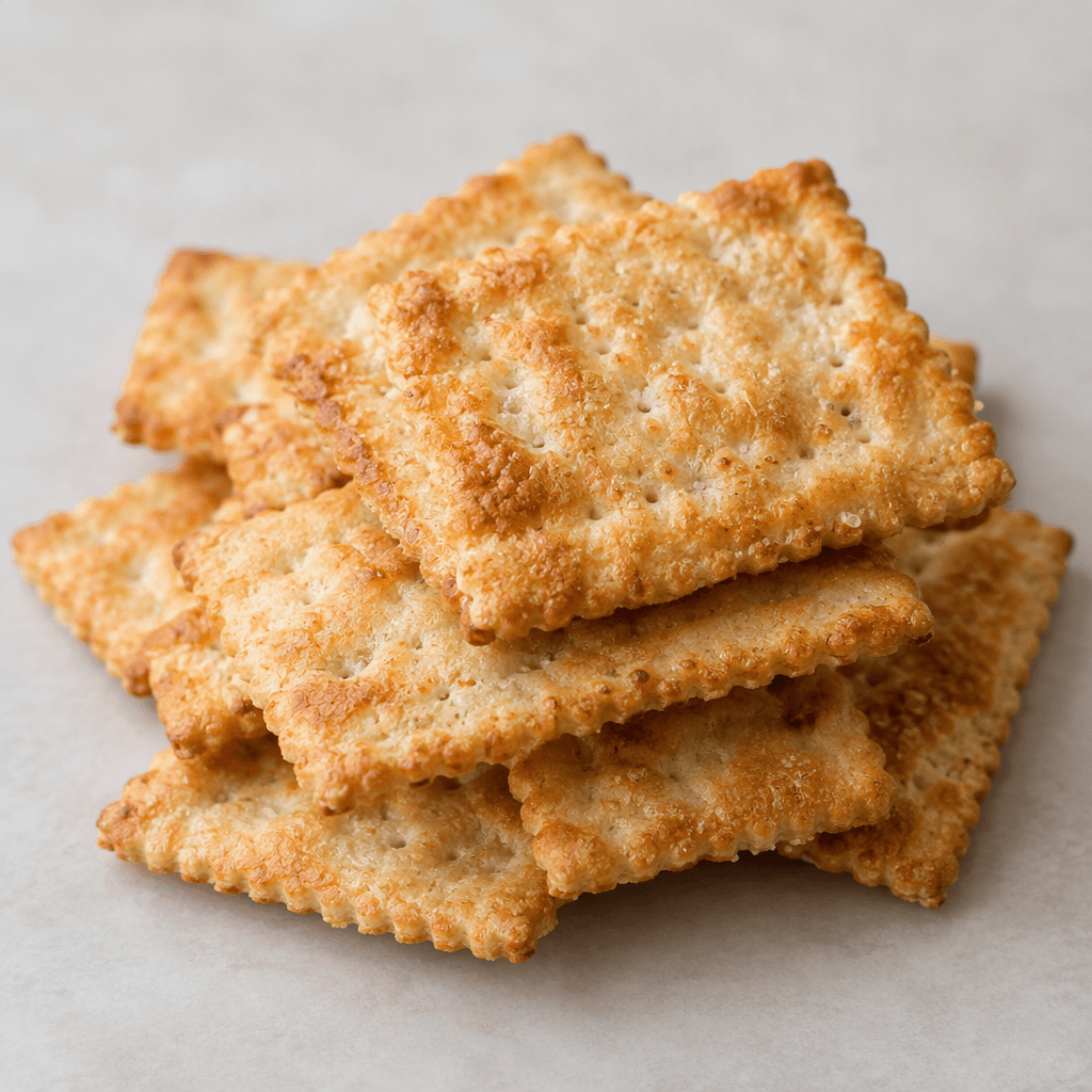 Thin, rectangular golden-brown crackers with gently ridged edges, a lightly blistered surface, and a crisp, flaky appearance, arranged in a small pile.