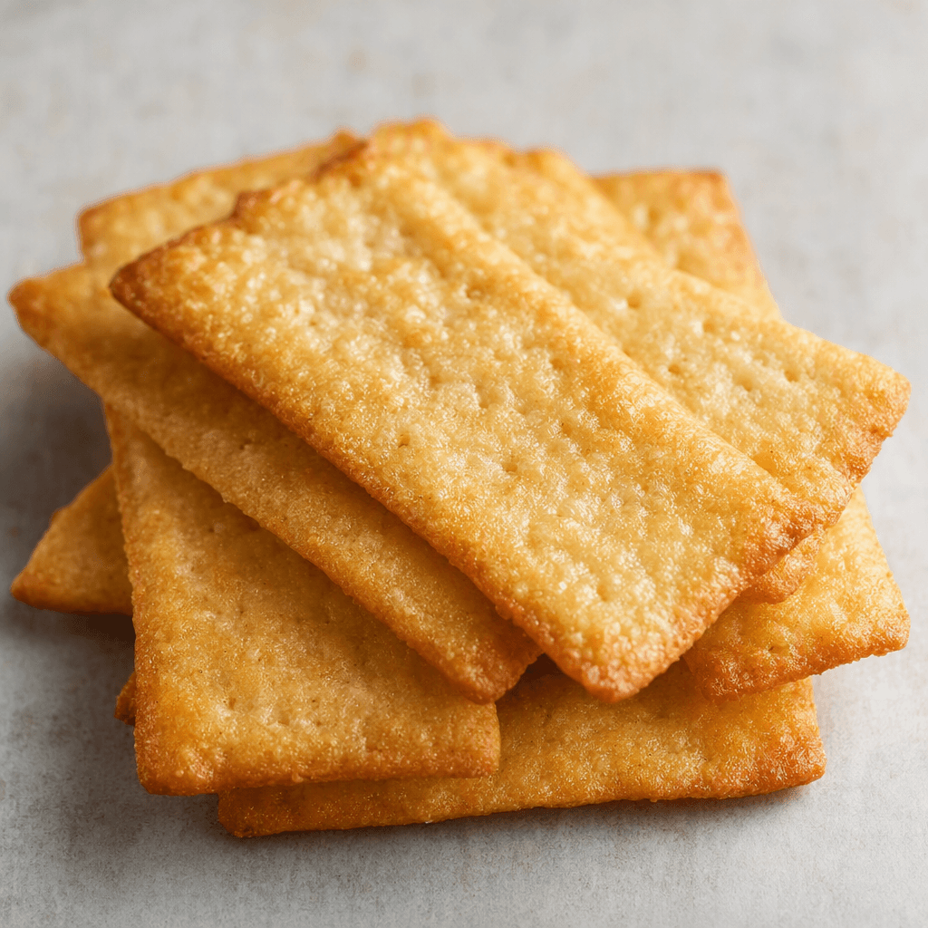Several thin, crisp, pale-golden rectangular biscuits with lightly browned edges and a lightly bubbled surface are arranged in a small stack.